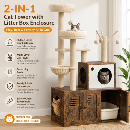 Modern Cat Tower With Hidden Litter Box Cabinet And Perches