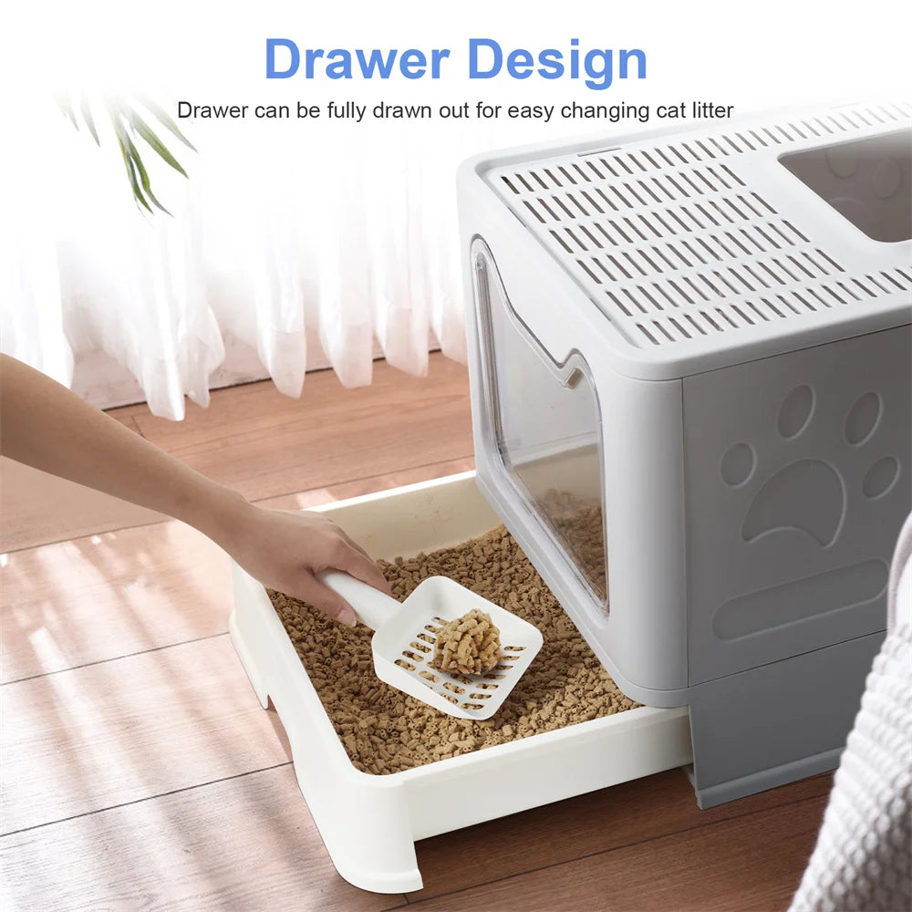Easy Clean Cat Litter Box with Drawer and Splash Guard
