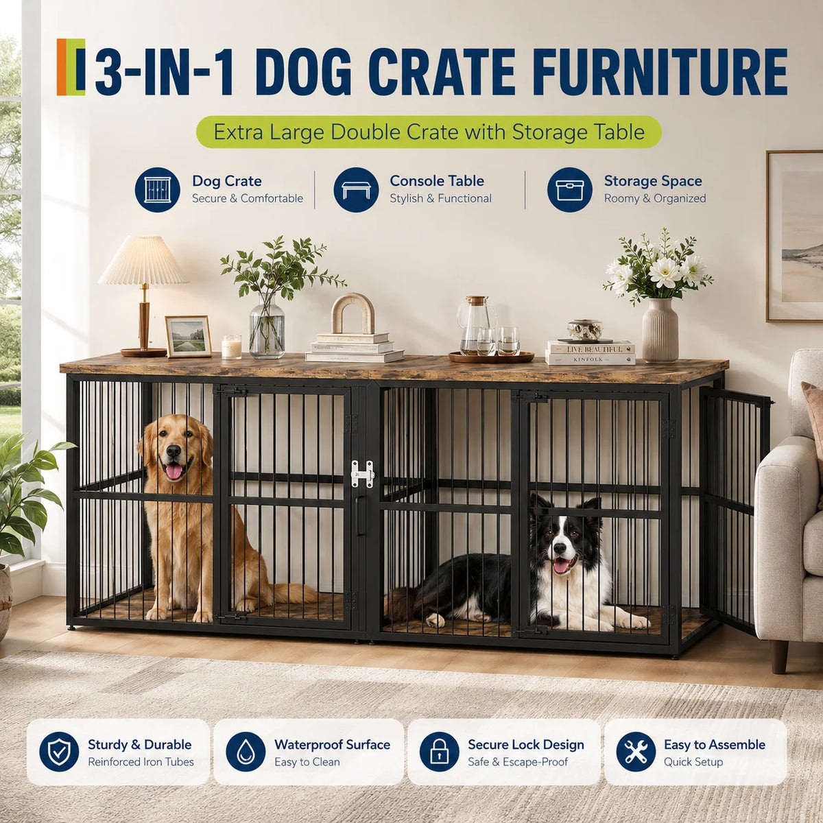 Extra Large Double Dog Crate Furniture With Divider Storage Cabinet