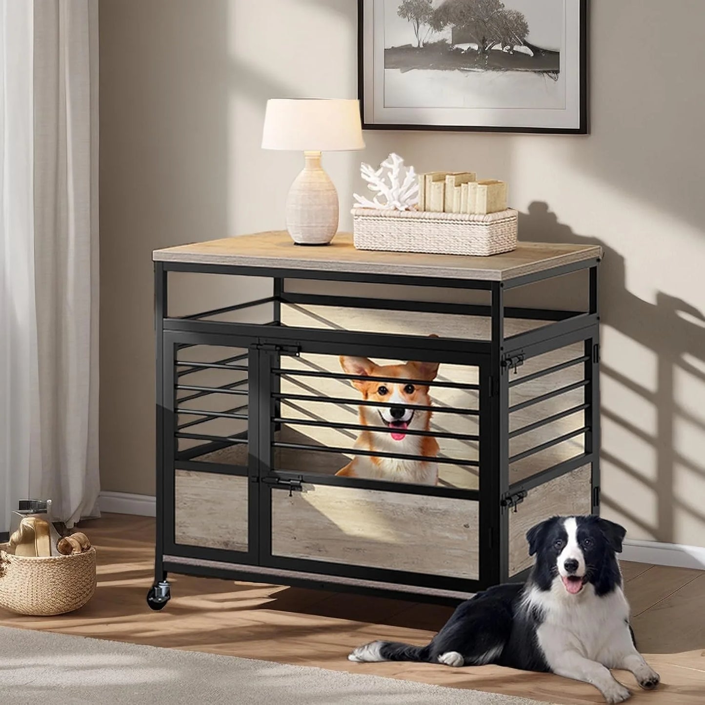 ZUIJI Heavy Duty Wooden Dog Crate Table With Wheels