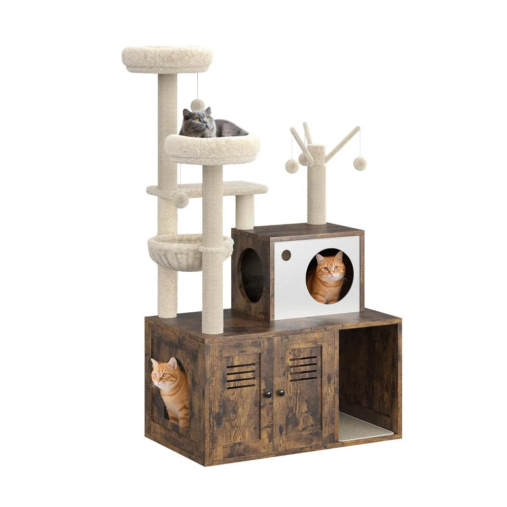 Modern Cat Tower With Hidden Litter Box Cabinet And Perches