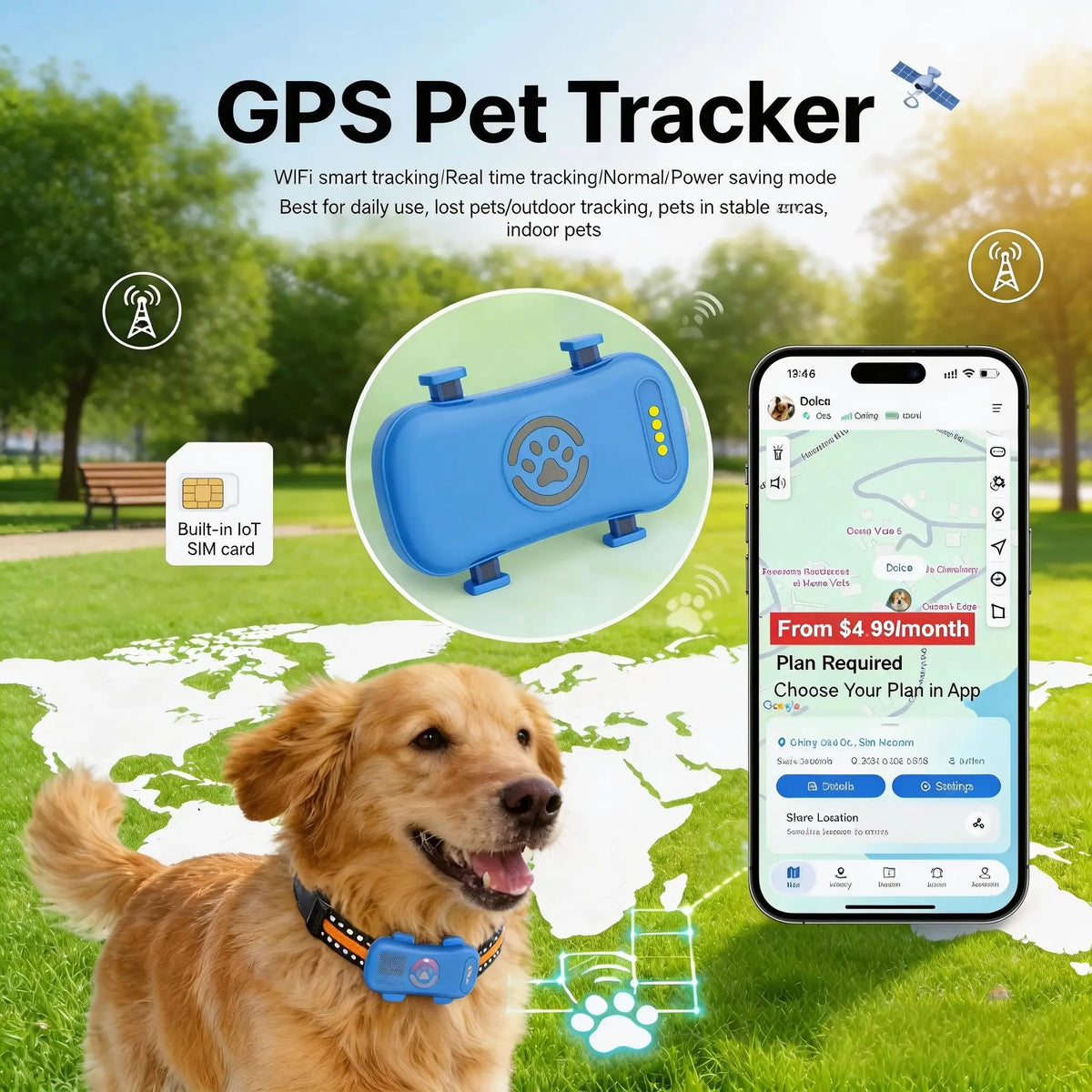 WANWAYTECH 4G GPS Pet Tracker Dogs Cats Real-Time Tracking Waterproof