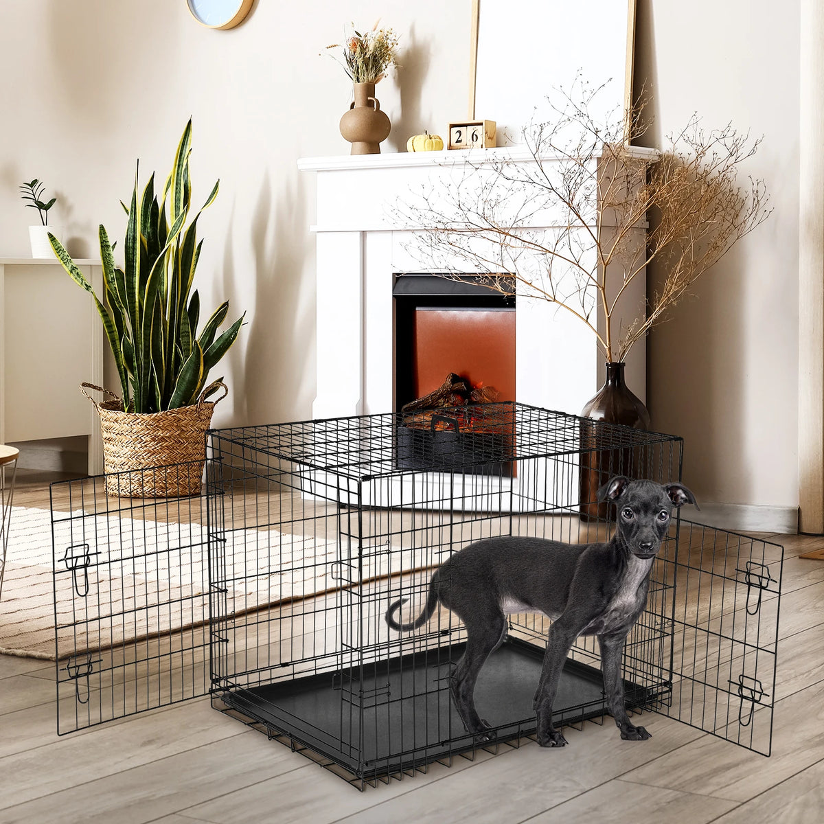 JHK Folding Metal Wire Dog Crate With Leakproof Pan Tray