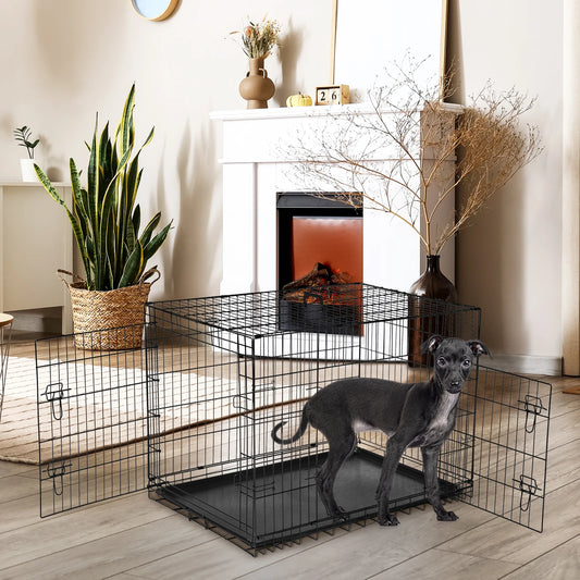 JHK Folding Metal Wire Dog Crate With Leakproof Pan Tray