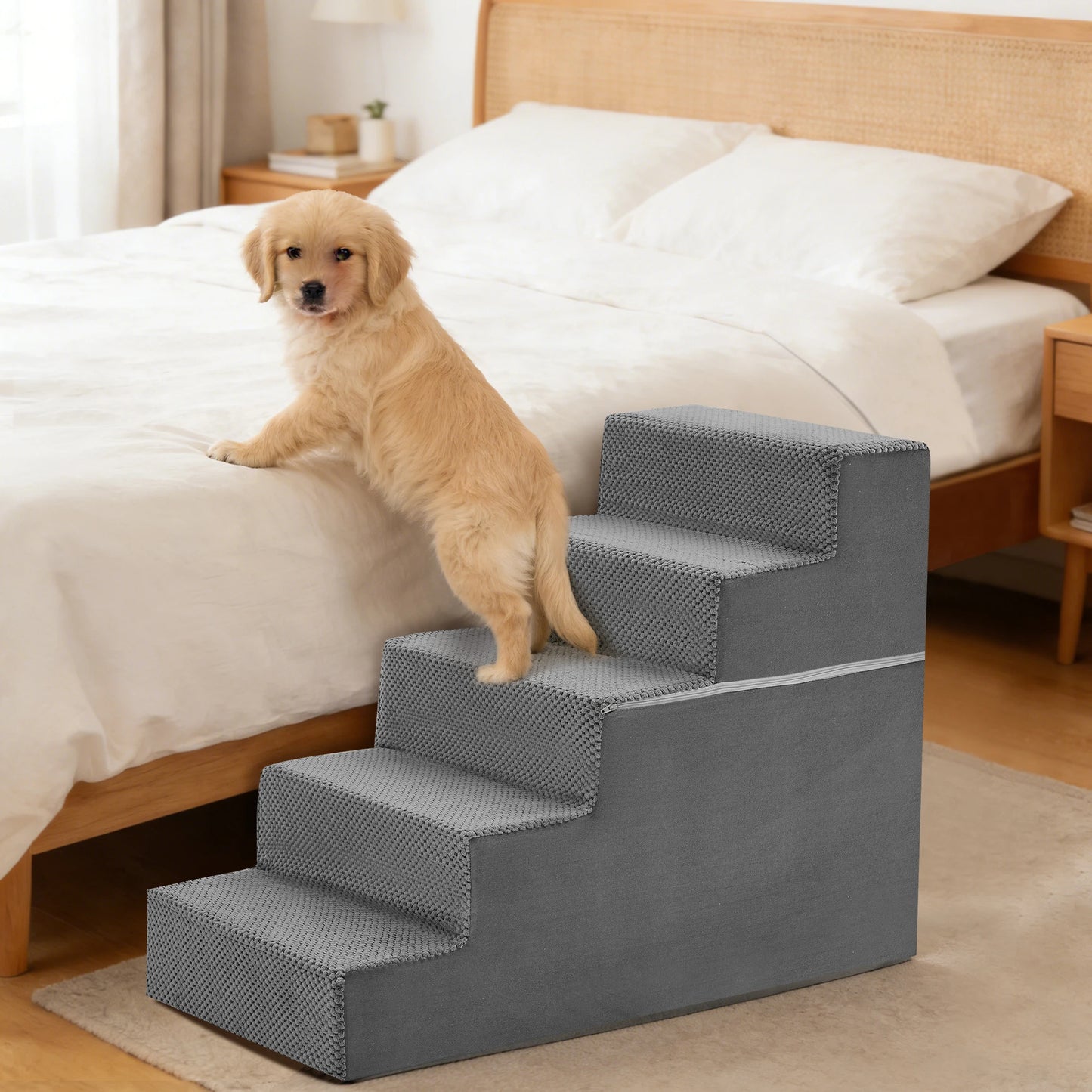 JHK 3-5 Step Right Angled Foam Dog Stairs Ramp Indoor
