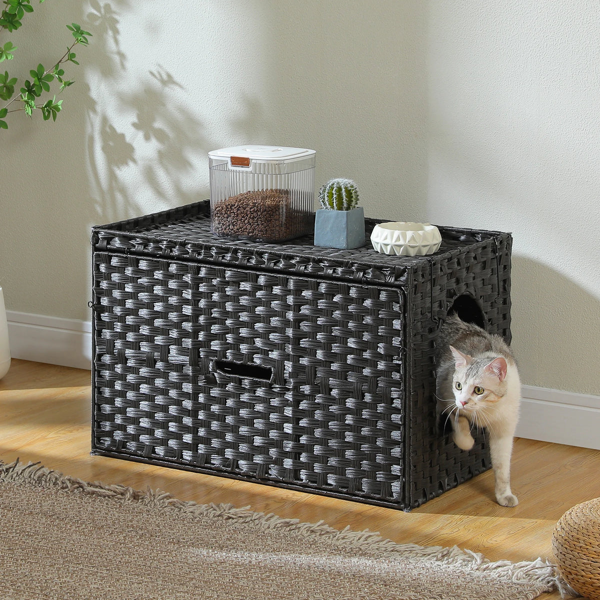 PEQULTI Rattan Cat Litter Box Enclosure with Flip Up Door