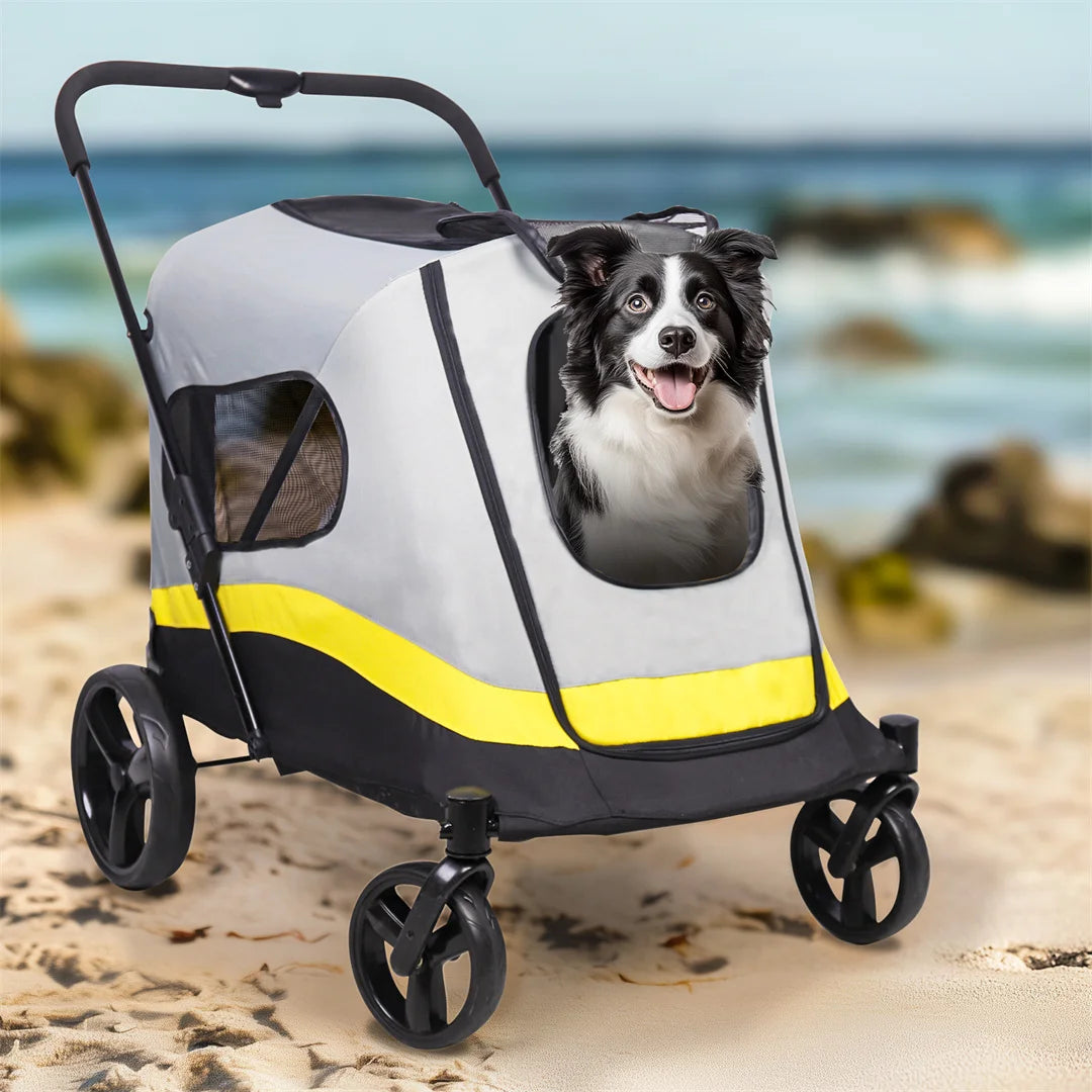Foldable Dog Stroller With 4 Heavy Wheels Rainproof Cover