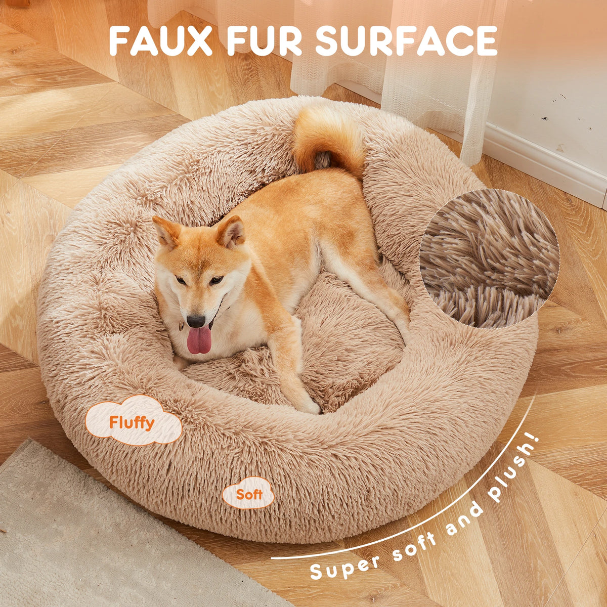 JHK Washable Calming Plush Faux Fur Dog Bed with Grip
