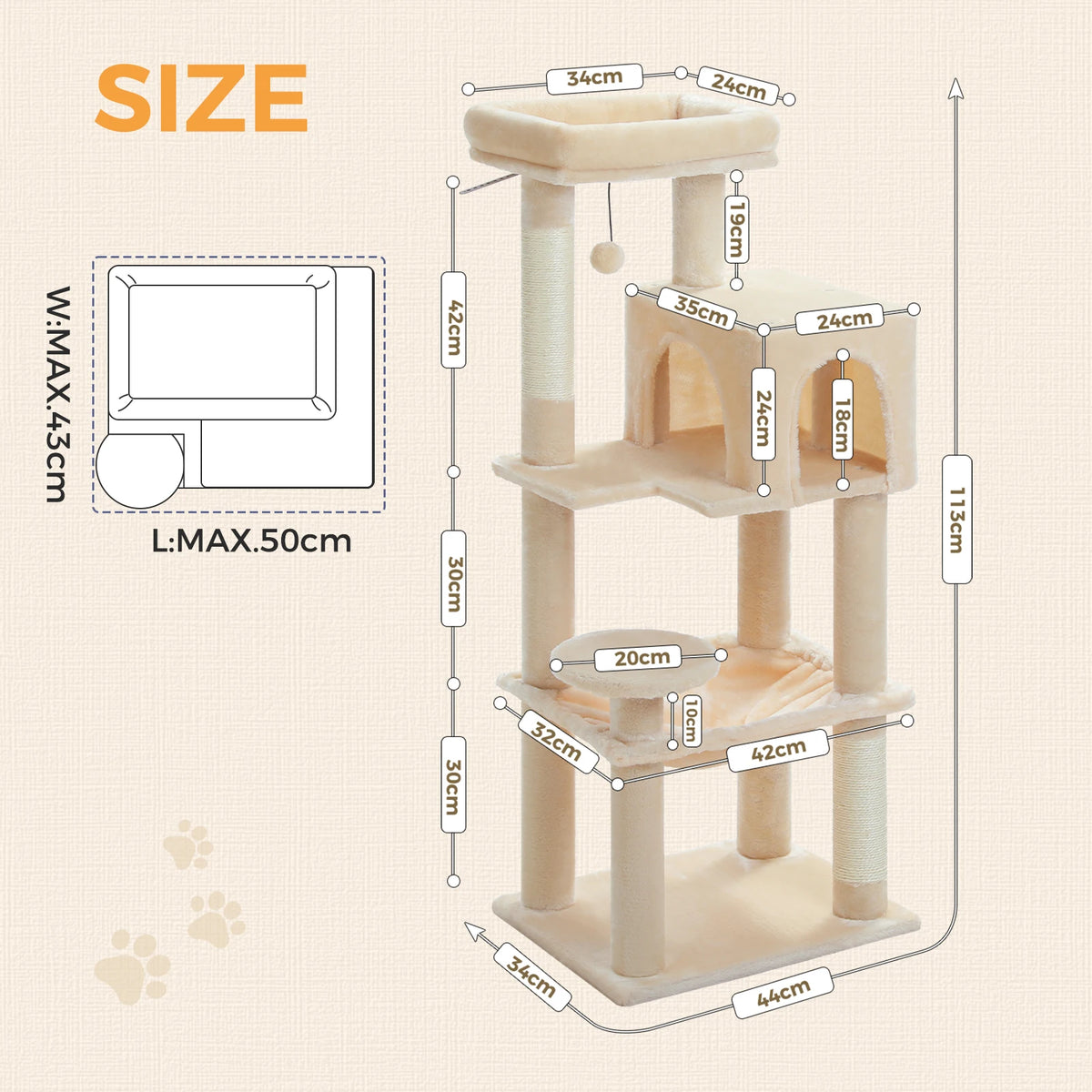 PEQULTI Five-Level Cat Tree with Condo, Hammock and Sisal Scratcher