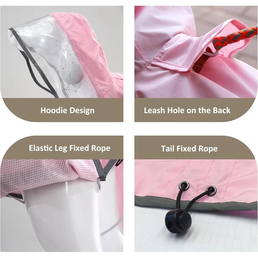 Breathable Waterproof Dog Raincoat Adjustable Hooded Poncho with Leash Hole Reflective Strip Medium Large Small Pets