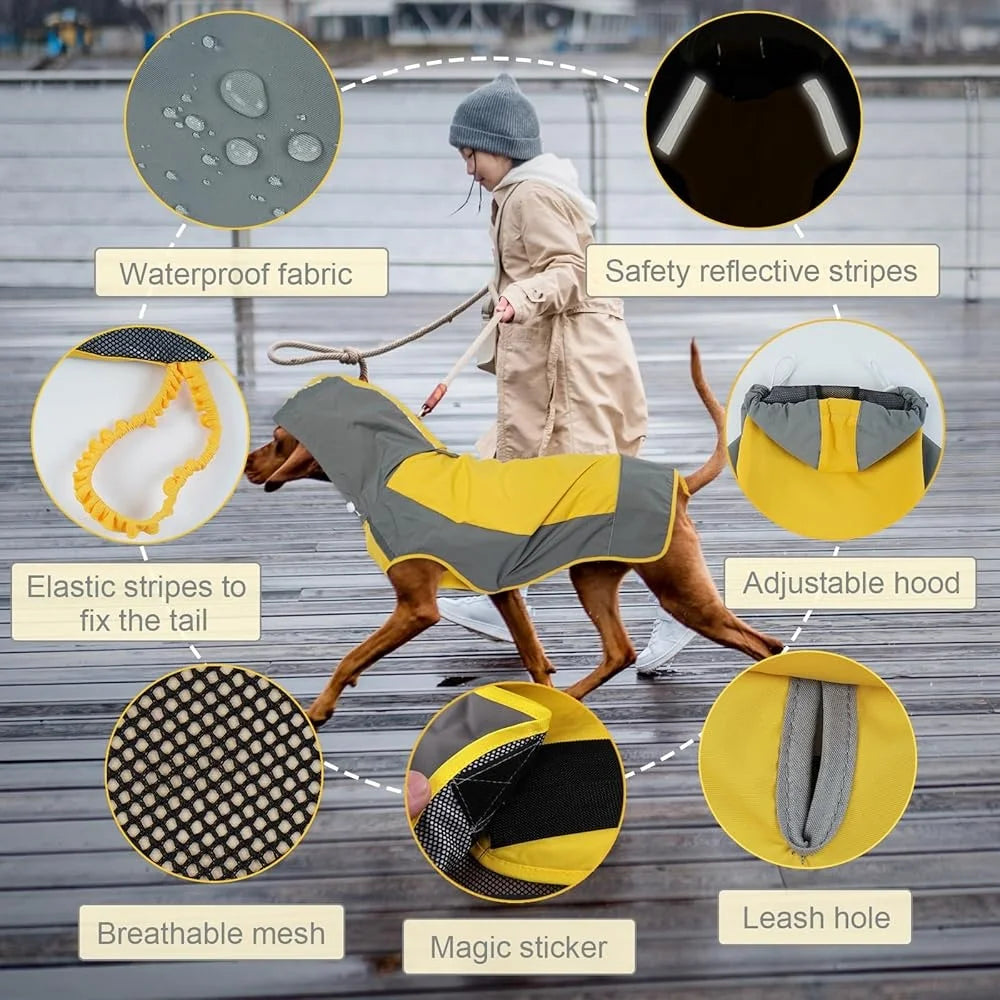 Waterproof Dog Raincoat Windproof Pet Rain Jacket with Reflective Strips Adjustable Fit Quick Dry Hooded Rain Poncho Outdoor