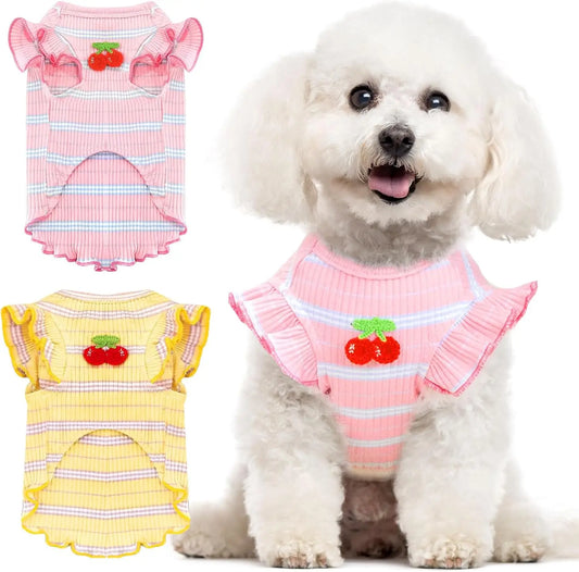 Zhejiang Dog T Shirt 2 Pack Striped Cherry Print Cotton