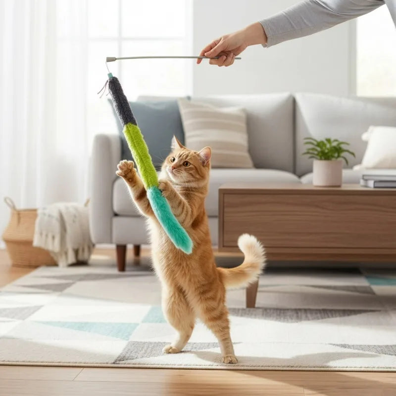 Breakaway Plush Cat Wand Toy With Ribbons And Jute