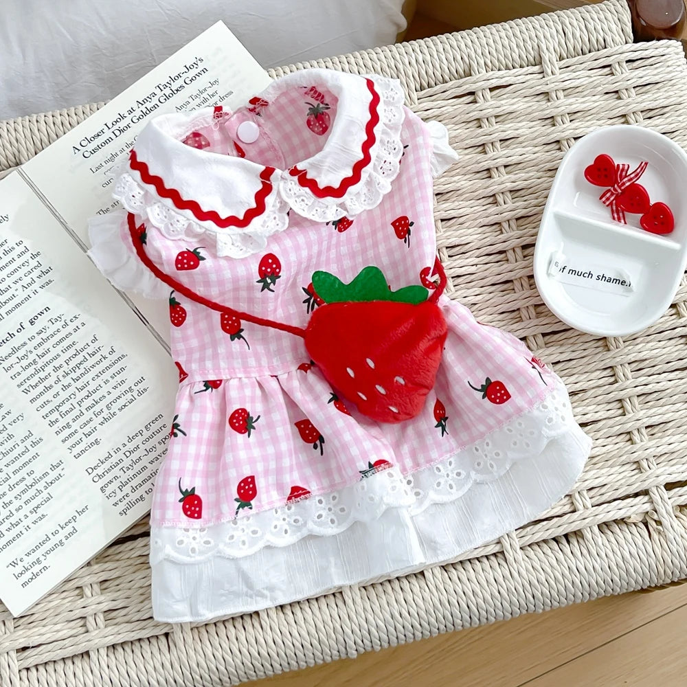 Elfidog Strawberry Dog Dress Cute Summer Plaid Apparel