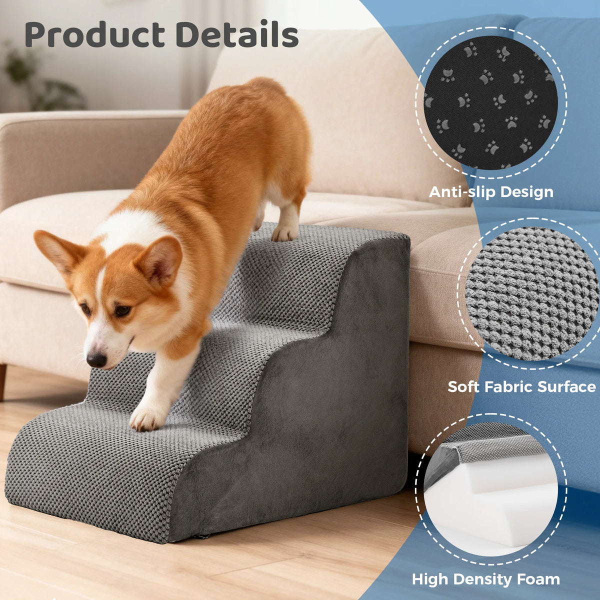 JHK High-Density Foam Curved Dog Stairs Ramp for Small Dogs