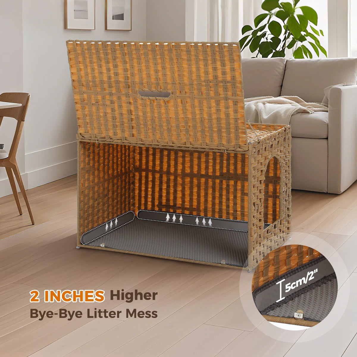 PEQULTI Rattan Cat Litter Box Enclosure with Flip Up Door