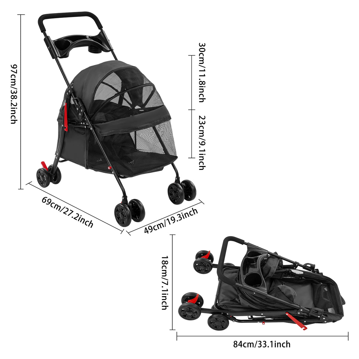 Bymaocar Foldable Dog and Cat Pet Stroller Travel Cart