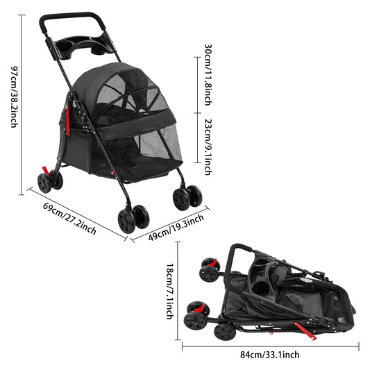 Bymaocar Foldable Dog and Cat Pet Stroller Travel Cart