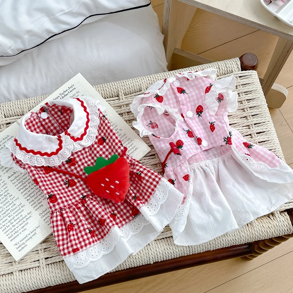Elfidog Strawberry Dog Dress Cute Summer Plaid Apparel